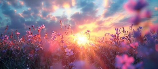 The sun is setting in the background, casting a warm glow over a vast field of colorful flowers. The flowers stand tall, their petals swaying gently in the evening breeze.