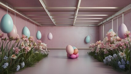 eater eggs and tulips Beautiful Easter frame with plenty of room for text, top view of pastel-colored eggs and exquisite spring flowers artfully set on a pure pink background. View Less (2) - obrazy, fototapety, plakaty