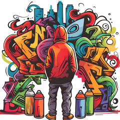 An artist painting a mural on a city wall, with an array of spray paint cans at their feet and a vibrant, colorful design taking shape isolated on white background, sketch, png
