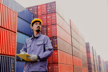 Handsome Japanese male worker working at empty container storage facility holding clipboard recording logistics containers being moved in tall rows in loading yard.