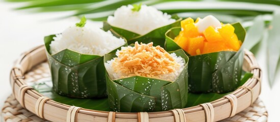 A Thai dessert called Kanom Tuay, featuring sticky rice, Thai custard, coconut milk, and assorted toppings, is displayed on a bamboo weave plate. The dessert is served in banana leaf cups on a white