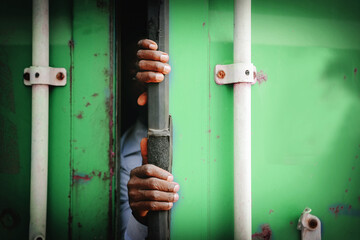 Human trafficking : Hand of a stateless black man hiding container trying to escape the country...
