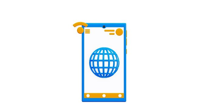 3D animation phone icon with internet network icon on the display. Internet connection and WiFi. 4k animation, alpha channel, in cartoon style, isolated.