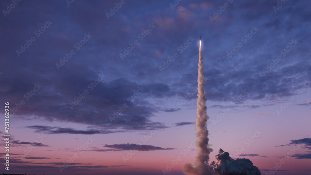 Poster space rocket with smoke and blast will successfully take off into the pink evening sky with clouds. 