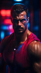 Fototapeta na wymiar Bodybuilder Brave face close up, against a dark and dramatic background