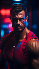 Fototapeta premium Bodybuilder Brave face close up, against a dark and dramatic background