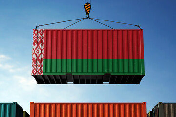 Belarus trade cargo container hanging against clouds background
