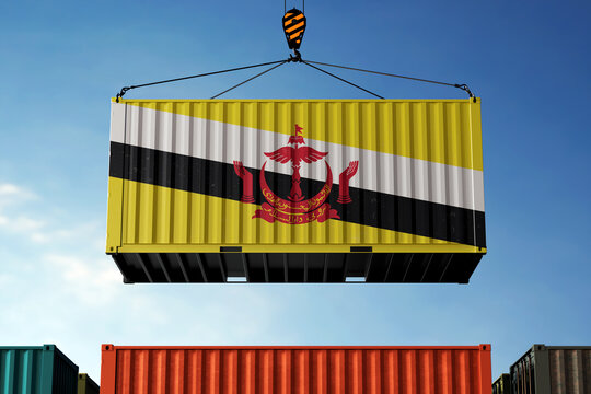 Brunei trade cargo container hanging against clouds background