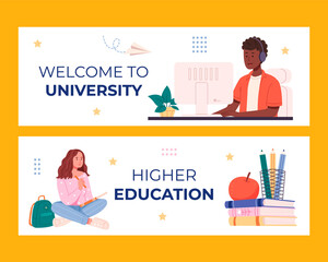 Hand drawn flat university horizontal banner template set collection