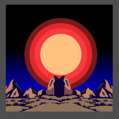 Mountain landscape with red sun in the night. Vector illustration