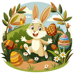 Easter bunny and easter eggs. Spring holiday. Chocolate eggs, Cute rabbit jumps, green grass. Retro greeting card, sticker. PNG, Vector illustration, white background. 