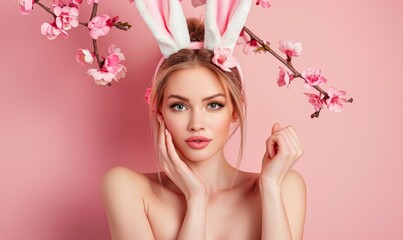 Obraz na płótnie Canvas happy girl with bunny ears on her head. easter holiday background