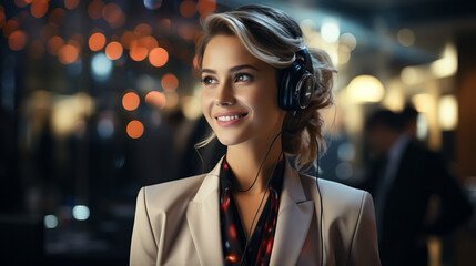 Portrait of a young female personal assistant wearing headphones and formal wear on blurred office background.