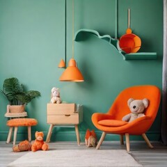 Title: Living Room Interior with Green and Orange Chairs, wall frame mockup product cozy living room 