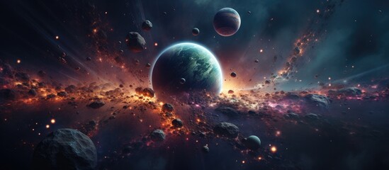 A computer-generated 3D graphic showcasing a cosmic scene filled with planets, galaxies, dark...