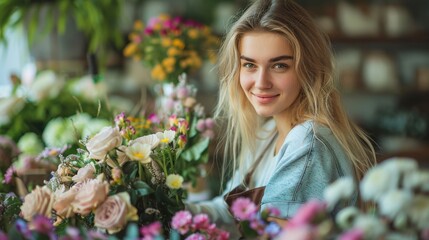 a female florist at work - pretty blonde young woman making flower bouquets