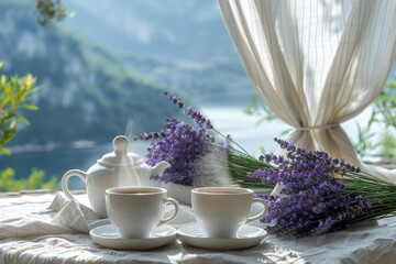 Serene morning with coffee and lavender overlooking a misty lake