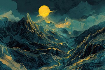 a mountain range with a yellow moon