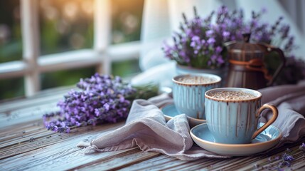 Cozy morning coffee setup with fresh lavender on a sunny day