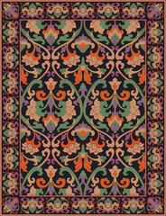 Floral vector carpet design. Ornamental pattern with frame. Vintage background for textile, tapestry.
