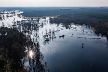 Flooded fields, meadows and forests during excessive rainfall. A river flooding fields and forests, view from a drone..