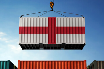 England trade cargo container hanging against clouds background