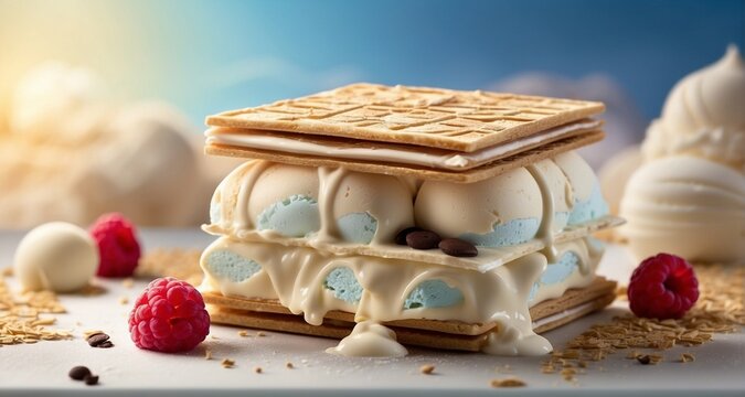 Showcase a visually stunning image of a yummy wafer ice cream sandwich, with layers of crispy wafers embracing a generous scoop of creamy ice cream. -AI Generative