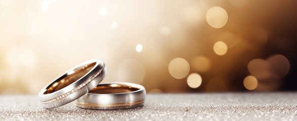 Wedding rings on bokeh background with copy space. marriage concept with copy space.