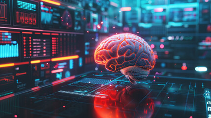 Dark 3d futuristic model of human brain, neurology healthcare concept. Scientific research and data. Generative AI - obrazy, fototapety, plakaty