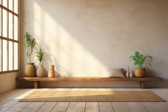Minimalistic bright interior with sunlight streaming through, modern home decor, yoga studio.