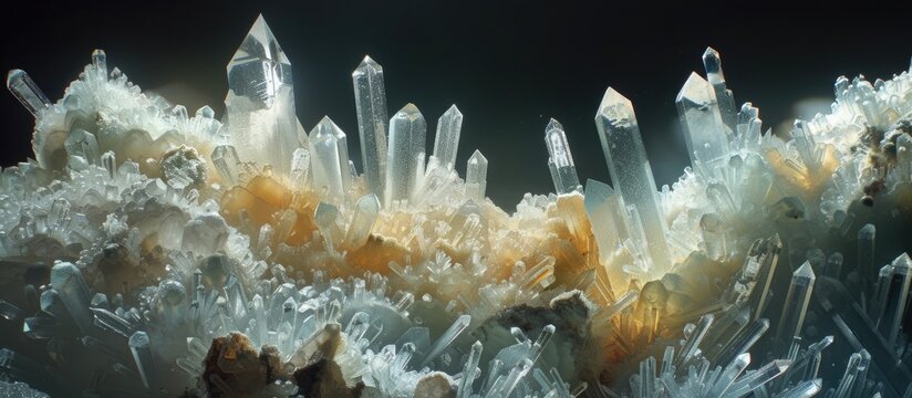 A close-up view of a mesmerizing cluster of hyaline quartz crystals surrounding barite in a captivating formation, showcasing the intricate details and unique formations of each crystal.