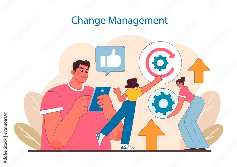 Poster change management in it project management. visualizes the adaptation process, embracing innovation,