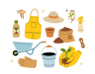 Set of gardening items in hand drawn cartoon style. Various agricultural and garden tools for spring work. Growing plants. Apron, gloves, hat, wheelbarrow, compost and fertilizer