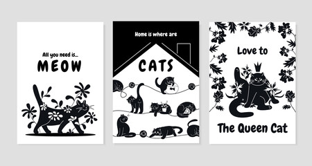 Hand drawn cat silhouette card set