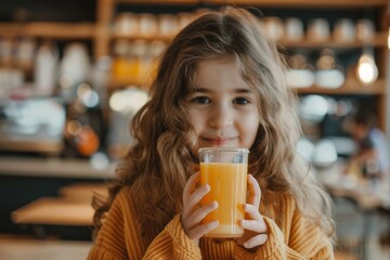 Smiling preschool girl with brown hair holding orange juice in a cafe - Powered by Adobe