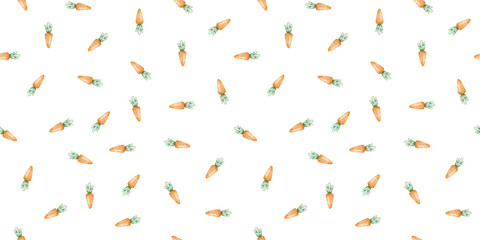 Fresh carrots with leaves. Organic healthy vegetarian food. Isolated watercolor seamless pattern. Print for children's goods, Easter cards, packaging paper, invitations, baby's textiles, scrapbooking. - obrazy, fototapety, plakaty