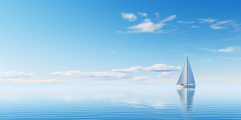 Tranquil scene of a solitary sailboat on a calm blue ocean under a clear sky with horizon in the distance