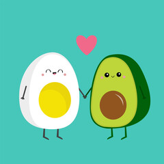 Avocado boiled egg family. Mother, father holding hands. Pink heart. Cute cartoon kawaii funny character set. Love greeting card. Happy Valentines day. Healthy food. Flat design. White background.