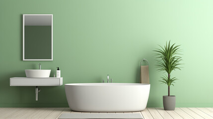 Fototapeta na wymiar Modern Minimalist Bathroom with Bathtub, Floating Vanity, and Lush Greenery