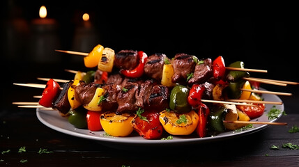 perfectly grilled skewers with juicy beef chunks,Shish kebab or shish kebab, grilled barbecue with...