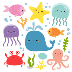 Sea and ocean animal set. Fish, jellyfish, octopus, whale, crab, algae, seaweed, water bubble, shell, stone. Childish style. Educational cards for kids. White background. Isolated. Flat design