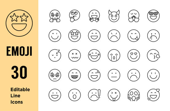 Emoji faces Emoticons icons. Happy, angry, sad, crying, smiley face. editable stroke. vector illustration.