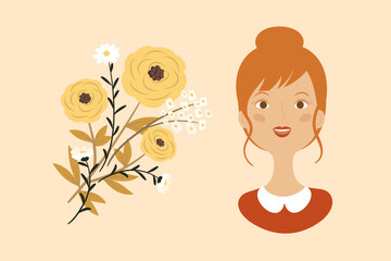 Cute greeting card or poster design for Spring holiday. International Women's day or Mother's Day card design. Pretty red-haired woman and bouquet of flowers. Vector illustration.