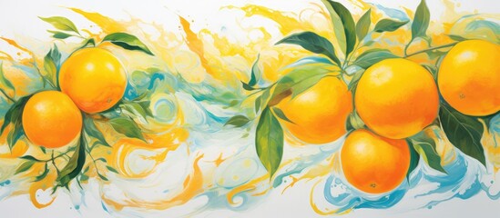 A painting depicting a bunch of oranges hanging delicately on a branch with vibrant green leaves, set against a clean white background.