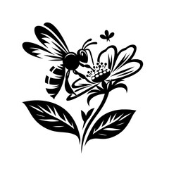 Bee in nature on flower. Engraved isolated vector illustration