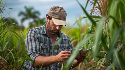 Naklejka na ściany i meble Agricultural Engineer in Sugarcane Field Analysis