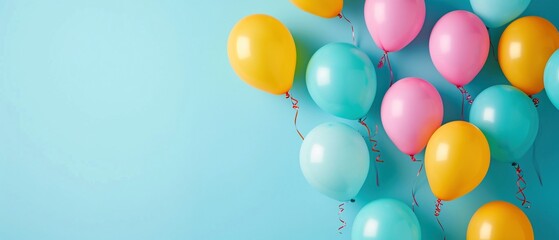 Bunte Luftballone vor blauem Hintergrund  - obrazy, fototapety, plakaty