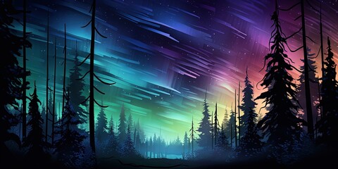 Ethereal image depicting the aurora borealis illuminating the starry night sky above a silhouette of pines - obrazy, fototapety, plakaty