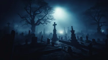 Fototapeten A graveyard at night shrouded in thick foggy haze. © crazyass