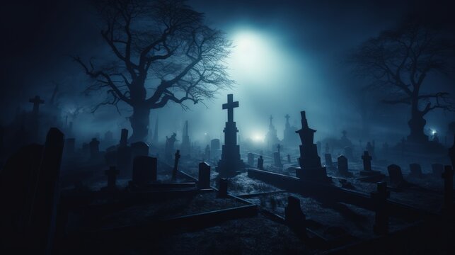 A graveyard at night shrouded in thick foggy haze.